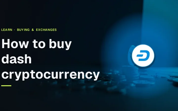 The title How to buy dash cryptocurrency with the Dash logo over a dark scene of blank coins on a desk lit by cyan glow.