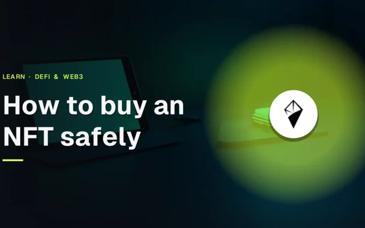 Titlen How to buy an NFT safely og AINFT-logoet over et mørkt skrivebord med en tablet, hardware-wallet og stålplade i smaragdgrønt lys.