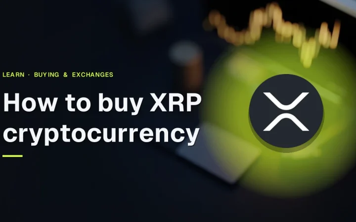The title How to buy XRP cryptocurrency above a dark desk with a phone, card, and gold graph, and the XRP logo.