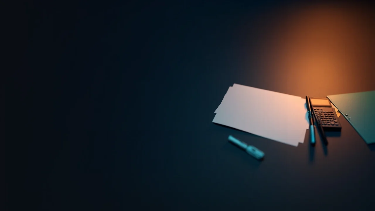 Een donker bureau met blanco papieren, een rekenmachine, een pen en een map in oranje licht.