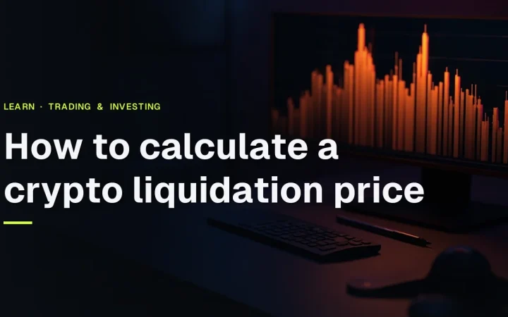 The title sits over a dark desk with glowing orange candlestick bars, a blank calculator and a pen.