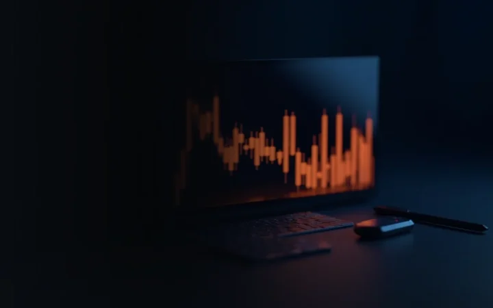 A dark desk with glowing orange candlestick bars, a blank calculator and a pen.