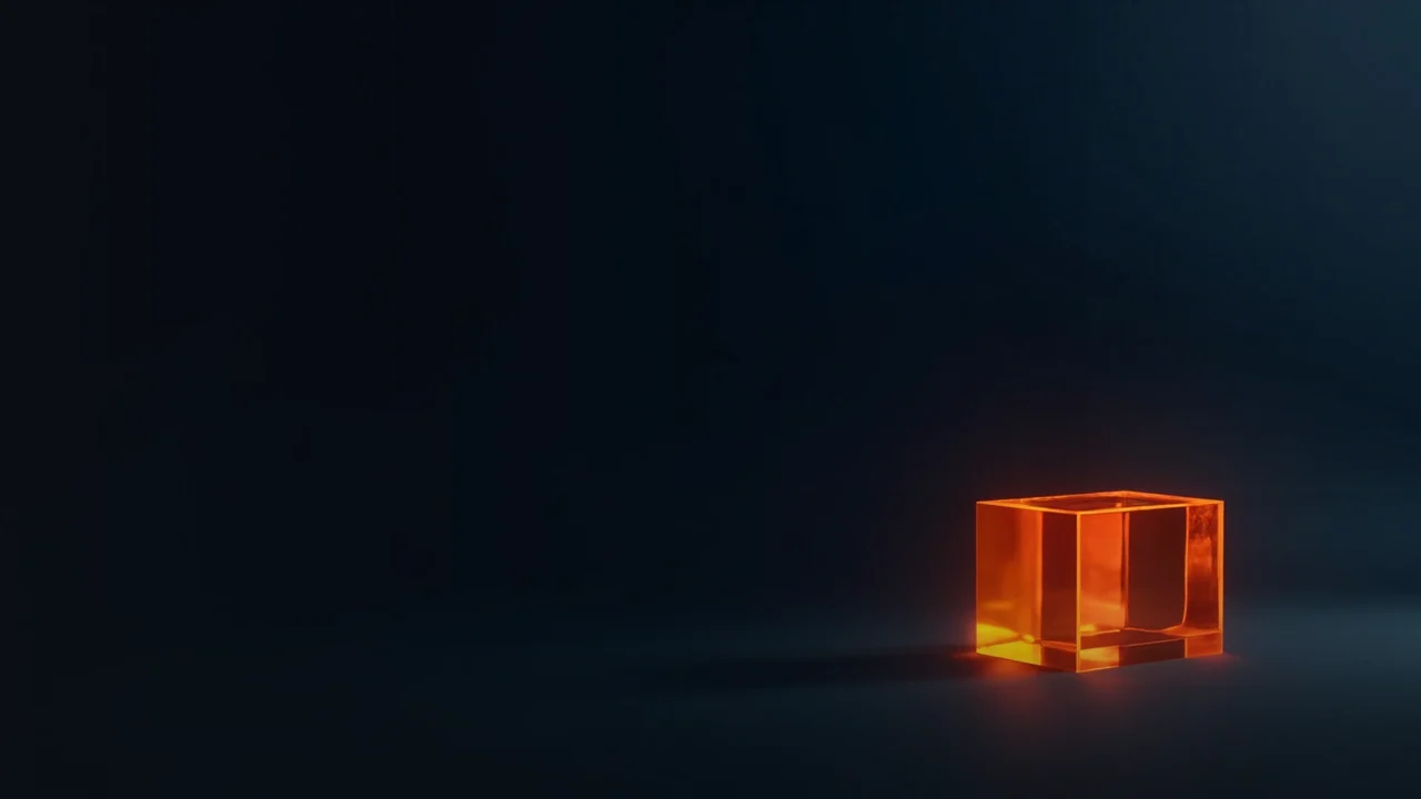 Ein dunkelblauer Hintergrund mit einem geteilten Glasblock, der auf der rechten Seite orange leuchtet.