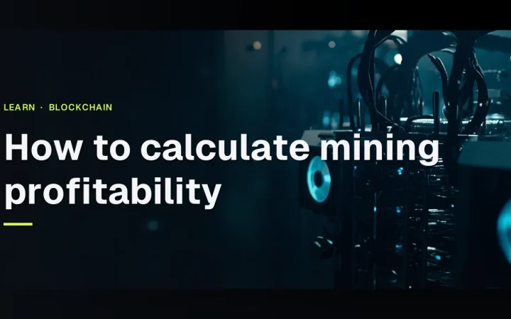 The title How to calculate mining profitability above dark mining machines with glowing cyan accents.