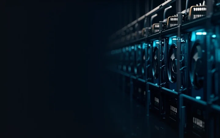 Dark mining machines with glowing cyan accents.