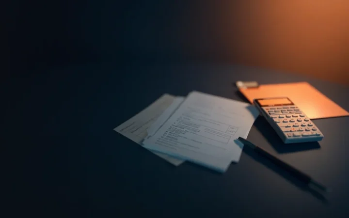 A dark desk with blank forms, a calculator, pen and folder in orange light.