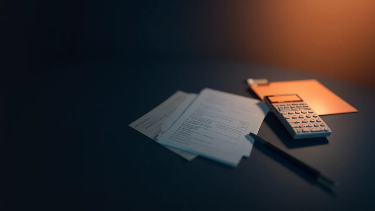 Ein dunkler Schreibtisch mit leeren Formularen, einem Taschenrechner, Stift und Ordner in orangefarbenem Licht.