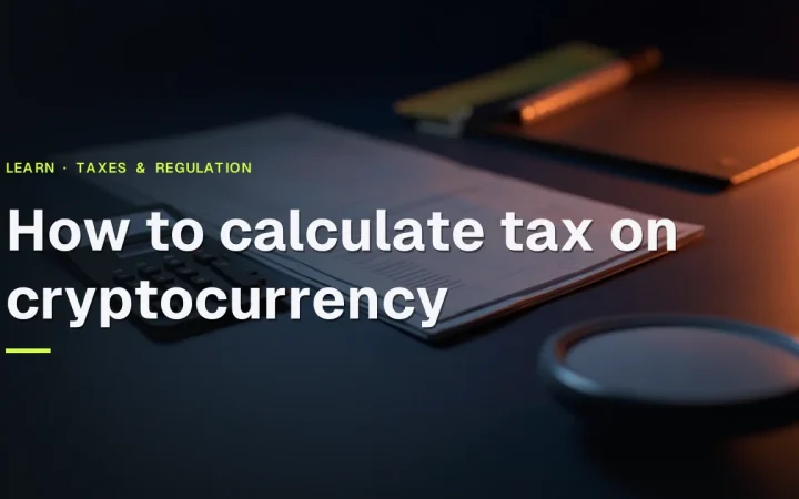 How to calculate tax on cryptocurrency title over a dark desk with blank forms, a calculator, pen and folder in orange light.