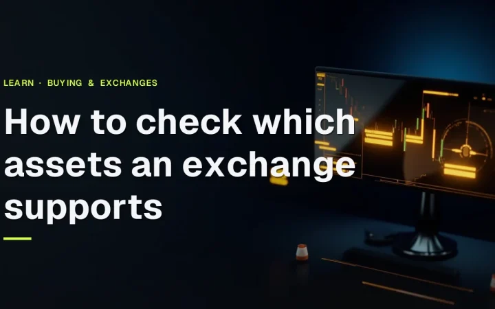 The title How to check which assets an exchange supports over a dark desk with a monitor of glowing gold bars.