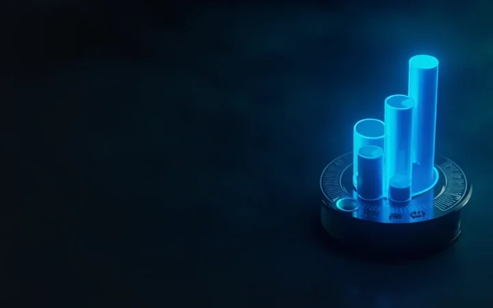 A dark desk with glowing blue bars and dials on the right.
