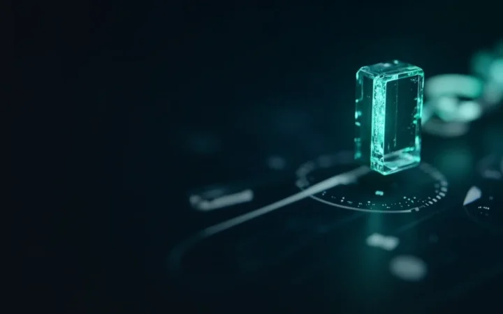 En glødende teal-kæde af glasblokke forbundet af lys svæver over en mørk overflade ved siden af tomt, mørkt navyblåt rum.