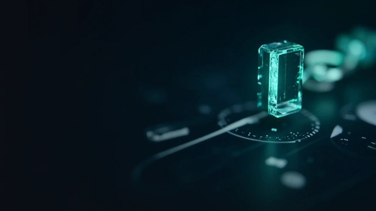 Een gloeiende turquoise ketting van glazen blokken verbonden door licht zweeft boven een donker oppervlak naast lege donker marineblauwe ruimte.