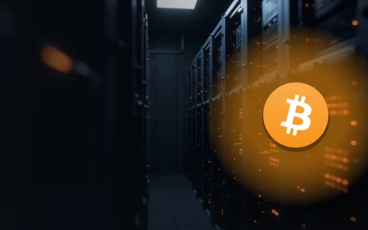 Bitcoin-logoet over mørke serverracks og orange lys.