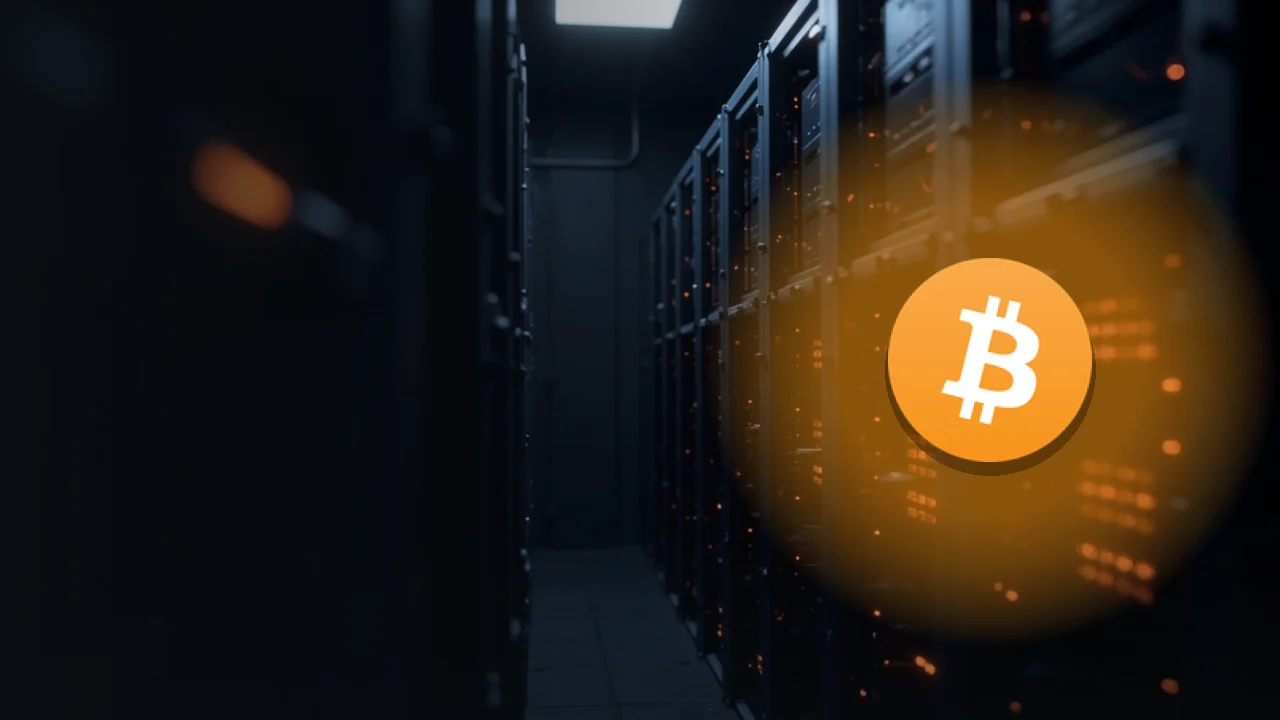 El logotipo de Bitcoin sobre bastidores de servidores oscuros y luces naranjas.