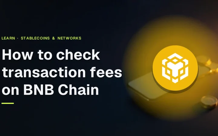 Der Titel Wie man Transaktionsgebühren auf BNB Chain prüft mit dem echten BNB-Logo über einem dunklen Schreibtisch mit einem Smartphone und Münzen.