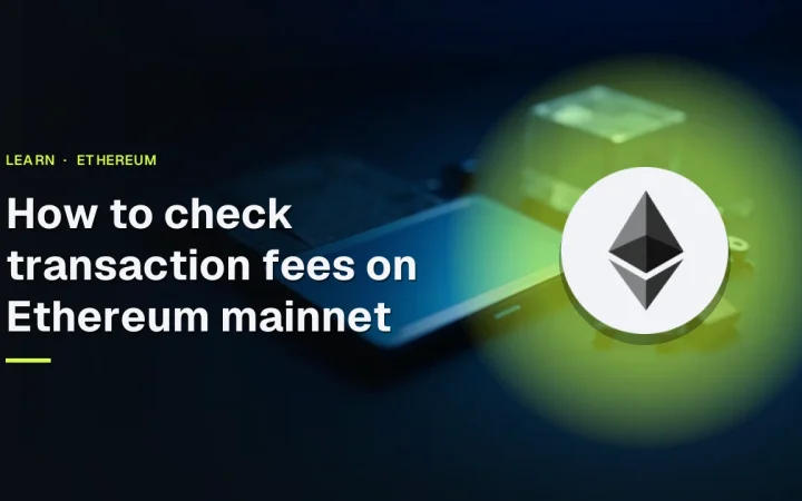 The title How to check transaction fees on Ethereum mainnet, the Ethereum logo, and a dark desk with a hardware wallet and glass block.