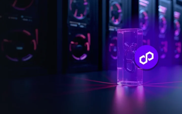 Polygon-logoet over mørke serverracks og en kædeskulptur i glas.