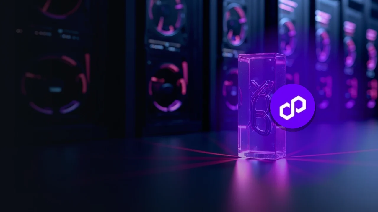 Das Polygon-Logo über dunklen Server-Racks und einer Glasskulptur in Kettenform.