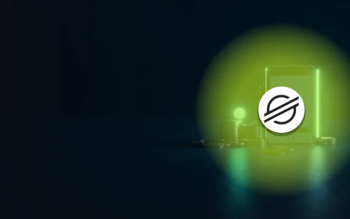 Stellar-logoet over en mørk navybaggrund med tomme mønter og en enhed, der lyser teal til højre.