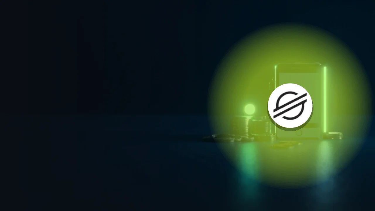 Das Stellar-Logo auf dunkelblauem Hintergrund mit leeren Münzen und einem Gerät, das rechts in Türkis leuchtet.