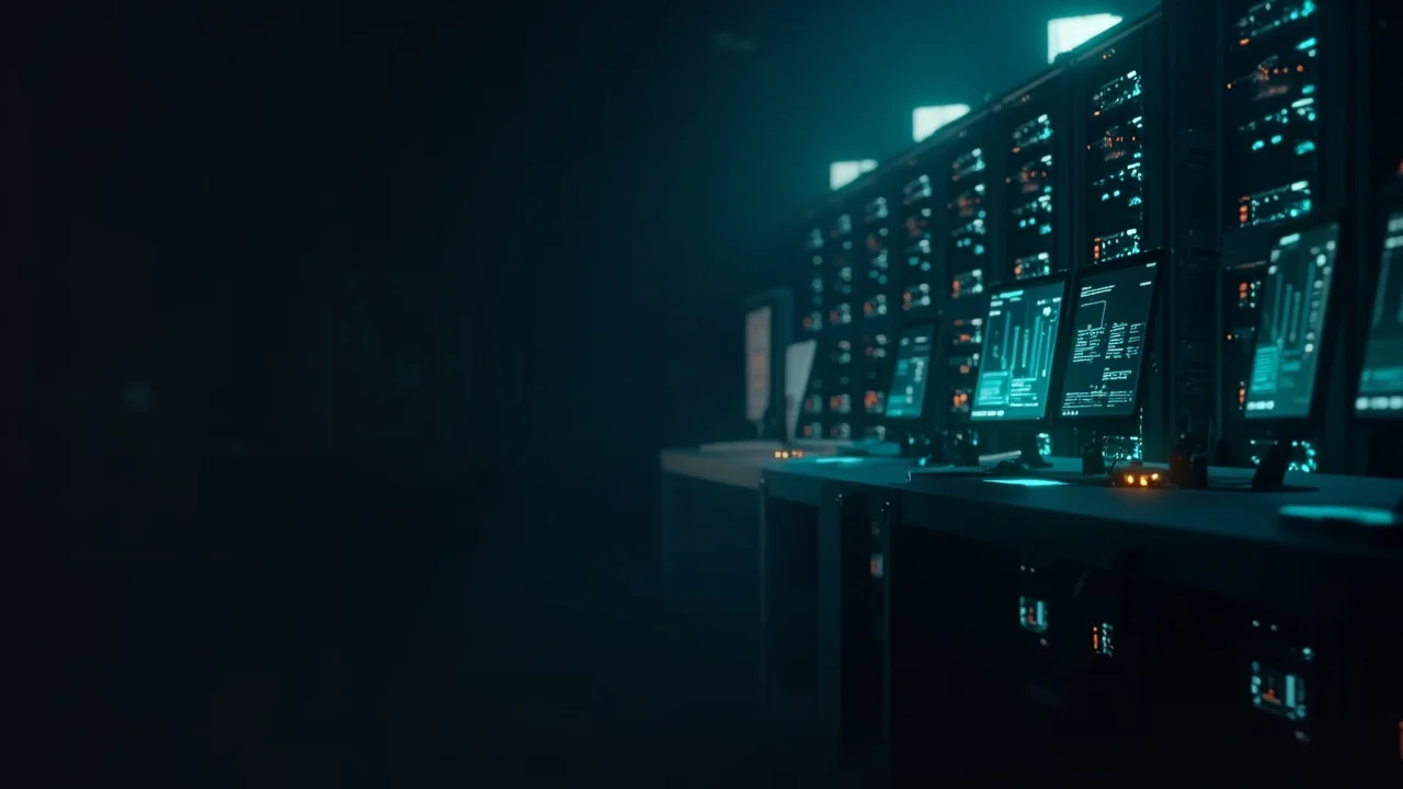 Dunkle Server-Racks und Monitore mit leuchtenden türkisfarbenen Balken auf dunkelblauem Hintergrund.