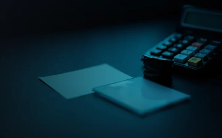 Et mørkt skrivebord med blanke mønter, et glaskort, en papirlap og en lommeregner oplyst i teal.