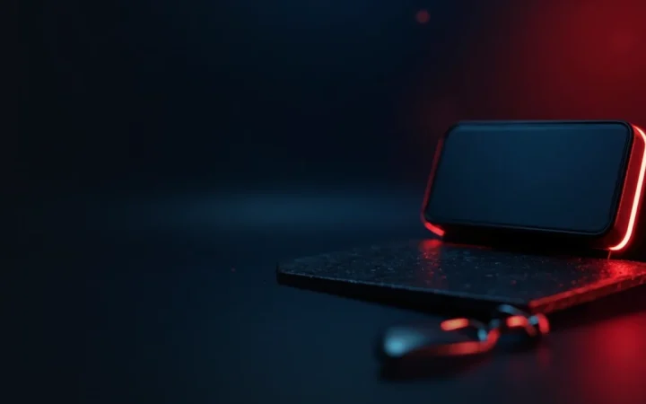 Et mørkt skrivebord med en hardware wallet, en stålplade, en hængelås og en rødt glødende skjoldkant.