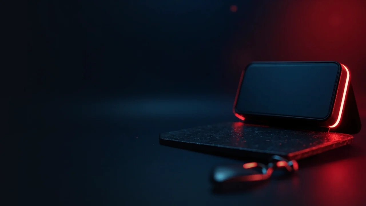 Et mørkt skrivebord med en hardware wallet, en stålplade, en hængelås og en rødt glødende skjoldkant.