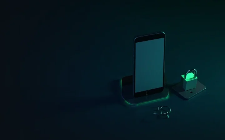 Et mørkt skrivebord med en tom telefon, en hardware-wallet, en stålplade og en hængelås i grønt lys.