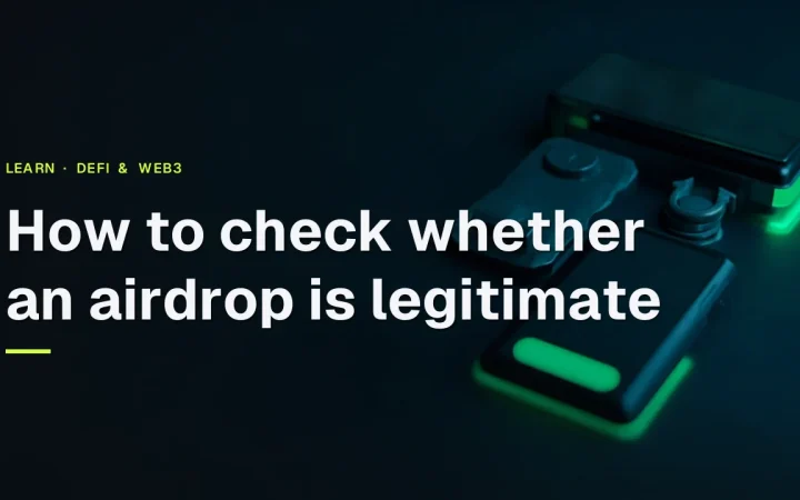 The title How to check whether an airdrop is legitimate over a dark desk with a blank phone, hardware wallet, steel plate and padlock in green light.