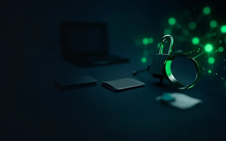 En bærbar computer, en telefon, en hængelås og glødende grønne netværksnoder på et mørkt skrivebord.