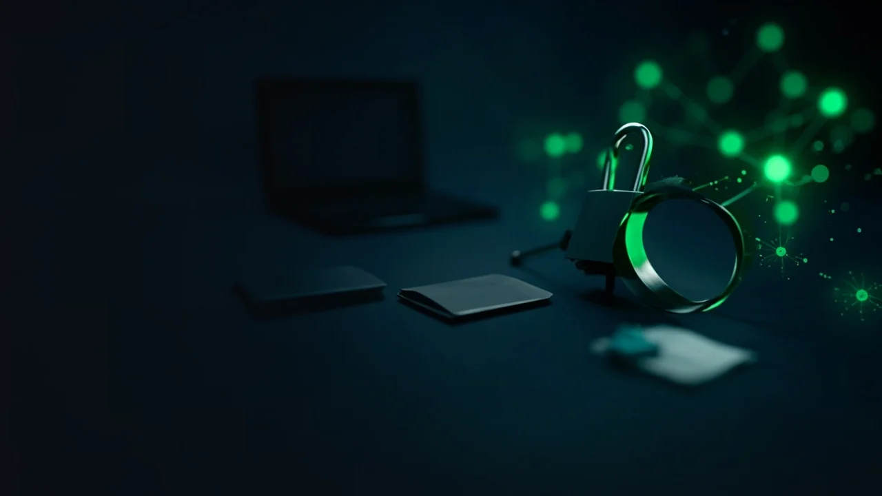 Un portátil, un teléfono, un candado y nodos de red de color verde brillante sobre un escritorio oscuro.