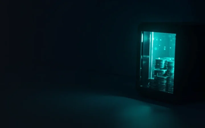 A glass vault, blank coins and banknote paper on a dark teal-lit desk.