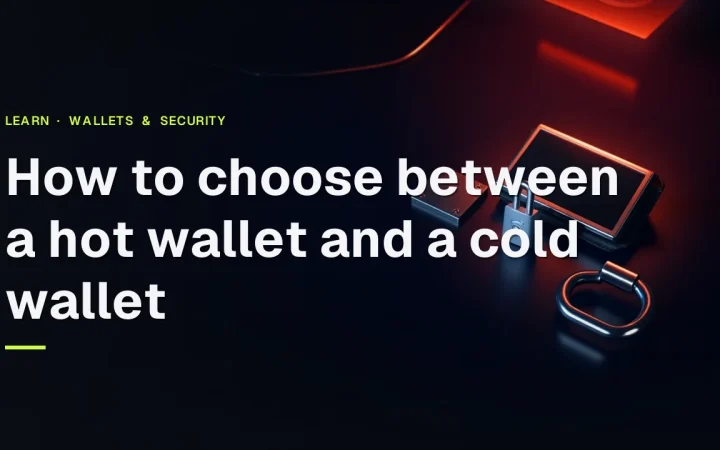 A hardware wallet, steel plate, and padlock on a dark navy desk with red glowing accents, left side empty, title only.