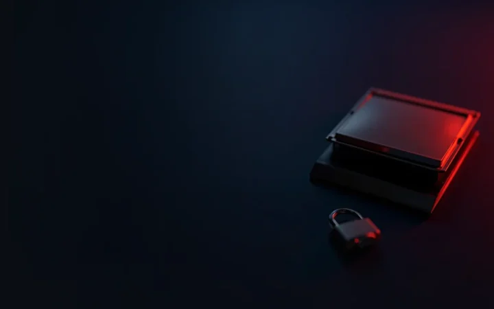 A hardware wallet, steel plate, and padlock on a dark navy desk with red glowing accents, left side empty.