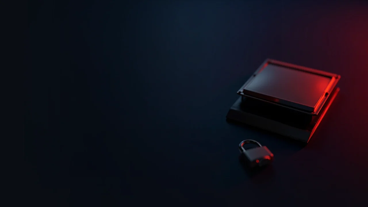 En hardware wallet, en stålplade og en hængelås på et mørkeblåt skrivebord med røde glødende accenter, venstre side tom.