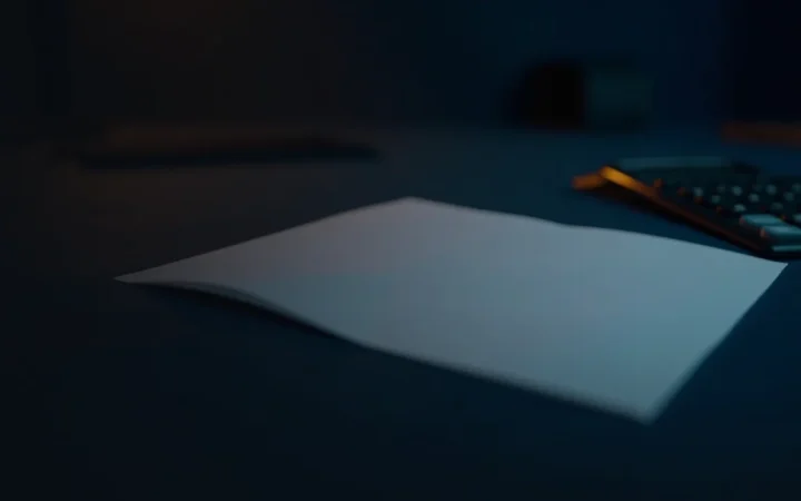 A dark navy scene with blank banknote paper and a calculator with a blank display on the right, lit by gold accents, and the left half empty.