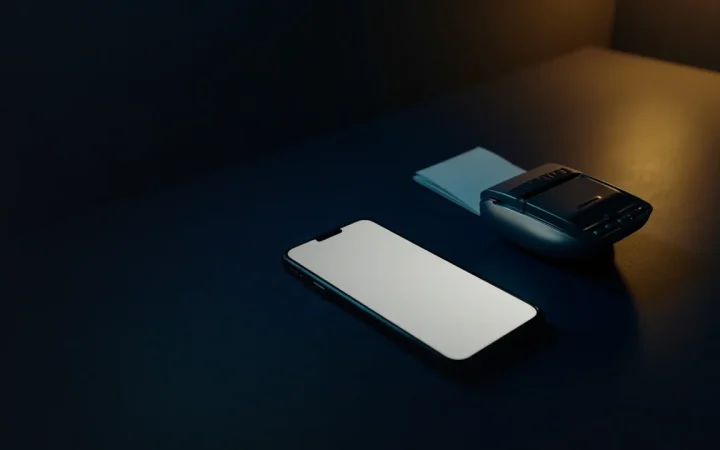 Et mørkeblåt skrivebord med en lysende telefon, en betalingsterminal og papirsedler.