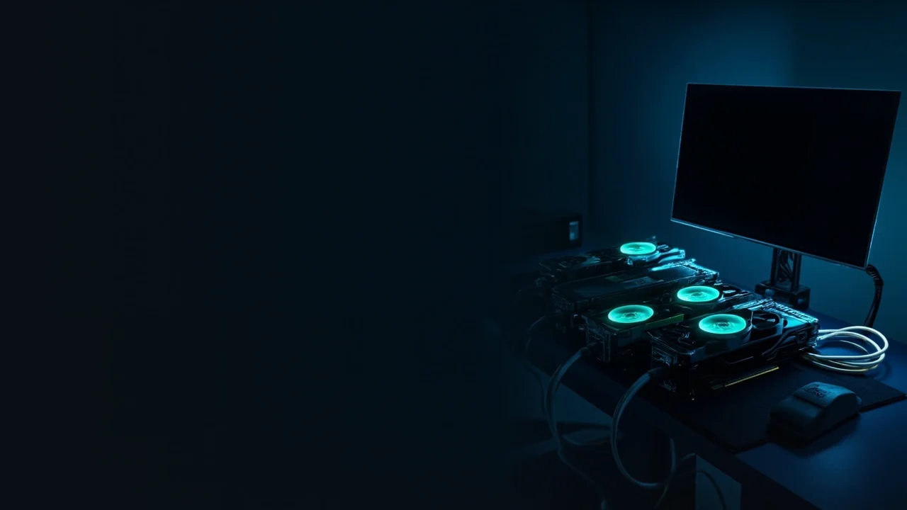 A dark desk of graphics cards with glowing cyan fans and cables.