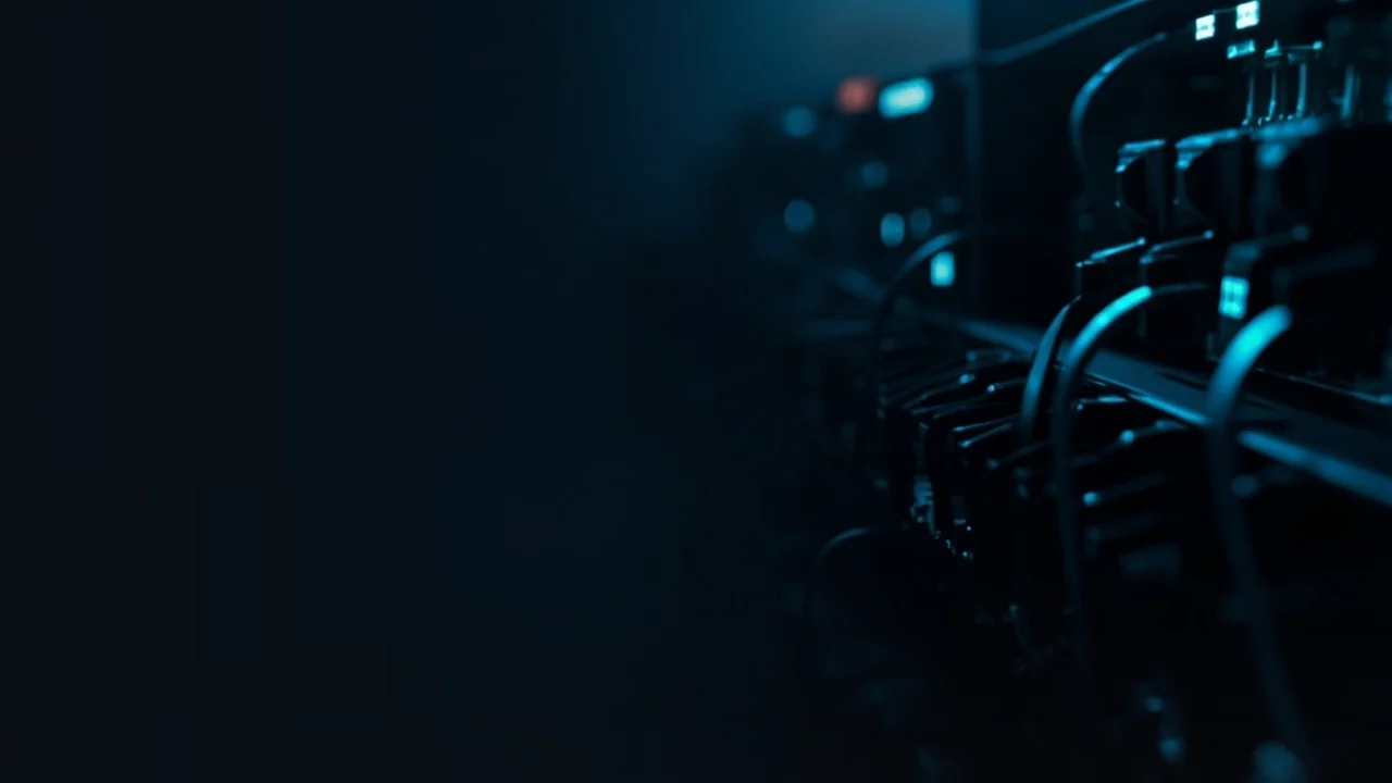 Rows of dark mining machines with glowing cyan fans and cables on the right, dark navy space on the left.