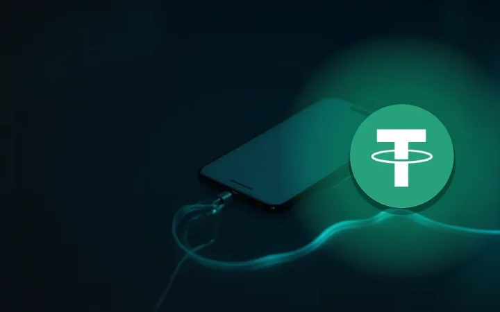 Le logo Tether sur un bureau bleu marine sombre avec un téléphone, des pièces et un câble turquoise.