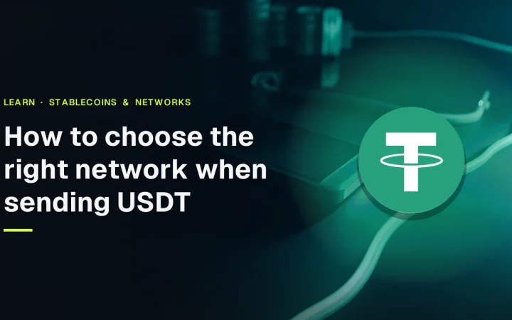 The title How to choose the right network when sending USDT with the real Tether logo over a dark navy desk with a phone, coins and a teal cable.