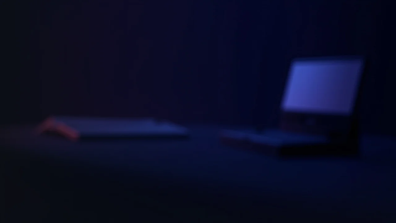 Un escritorio oscuro con un cuaderno cerrado y un dispositivo de pantalla en blanco, iluminado por una luz violeta.
