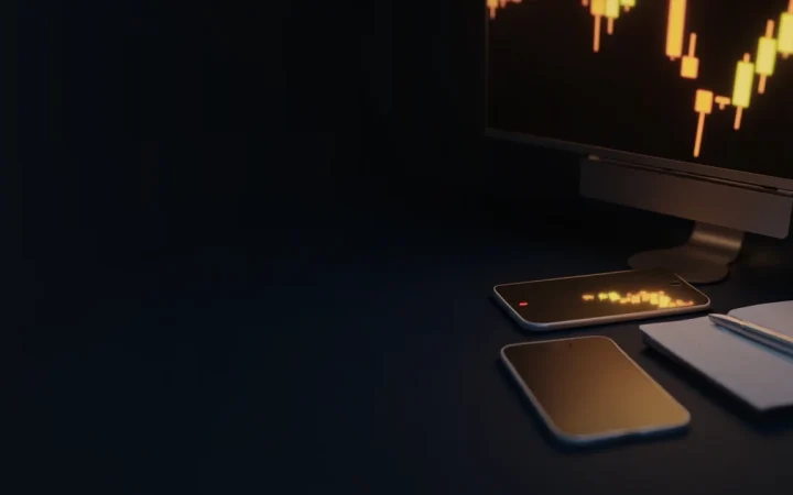 A dark navy desk with a glowing gold monitor and phone.