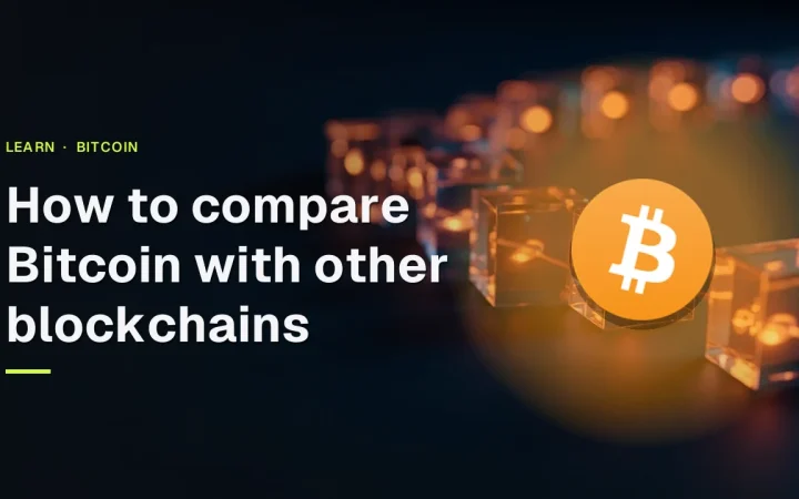The title How to compare Bitcoin with other blockchains over a dark navy background with glass blocks joined by orange light on the right.