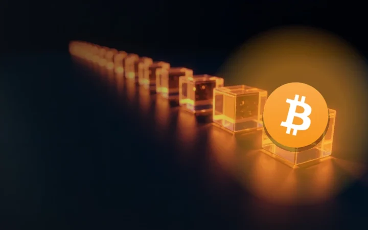 Bitcoin-logoet over en mørk navybaggrund med glasblokke forbundet af orange lys til højre.