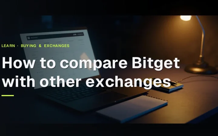 어두운 남색 책상 위에 노트북, 펜, 노트북이 금빛으로 비춰지며, 그 위에 Bitget을 다른 거래소와 비교하는 방법이라는 제목이 있습니다.