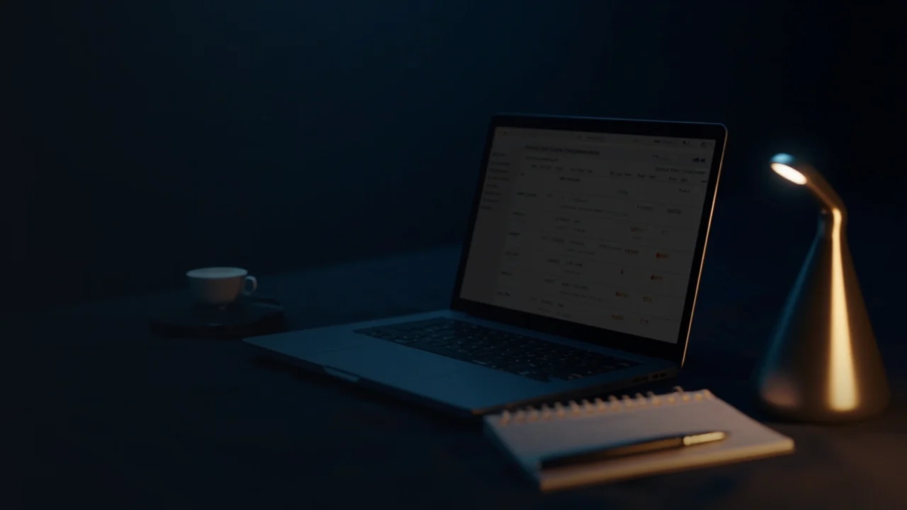 A dark navy desk with a laptop, pen, and notebook, lit by a gold glow.