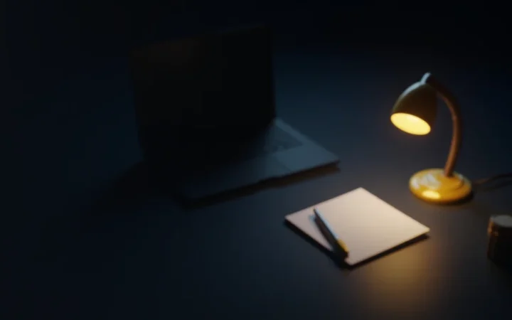 Et mørkt skrivebord med en bærbar computer, notesbog og pen under en gylden lampes glød.