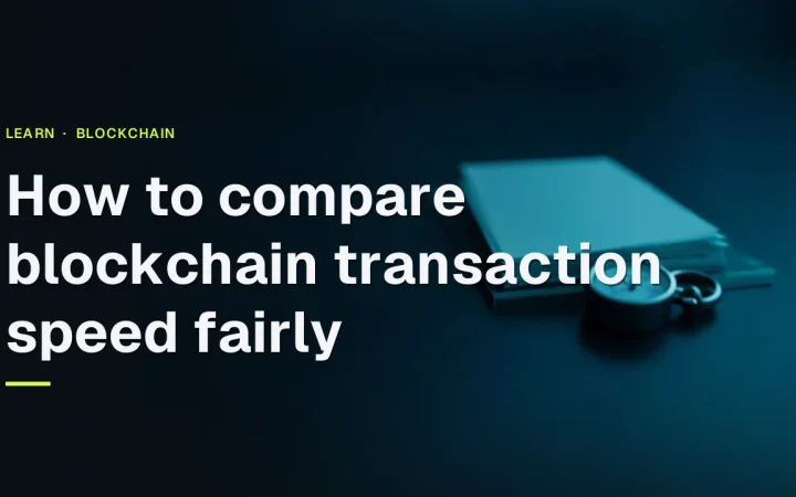 How to compare blockchain transaction speed fairly in glowing cyan text over a dark navy desk with a stopwatch and blank glass panel.